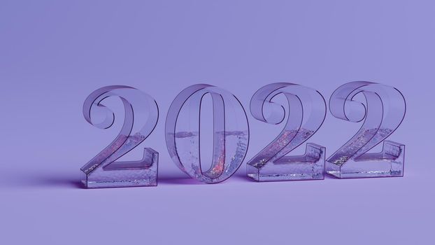 Transparent 2022 - digits are made of glass and filled with water. Very Peri 3d illustration, rendering