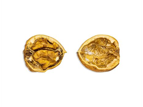 Two halves of a split walnut isolated on a white background. Juglans regia. Walnut shell. Healthy food. Iodine in nuts. Nut core. Vegetarian food. Culinary ingredient. White background.