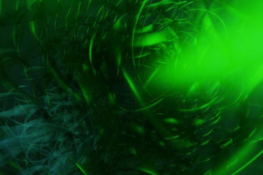 Abstract green 3d illustration - geometric background with waves, spirals and transparency effects