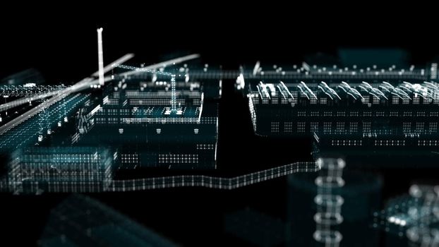 Industrial technology concept. Industry 4.0. Digital factory - buildings and cranes made of particles and transparent elements. 3d illustration