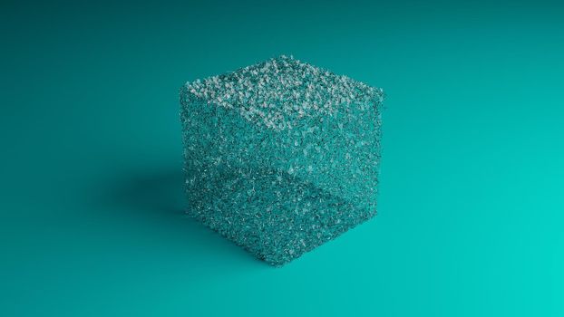 3D illustration of a cracked glass cube exploding in many small pieces