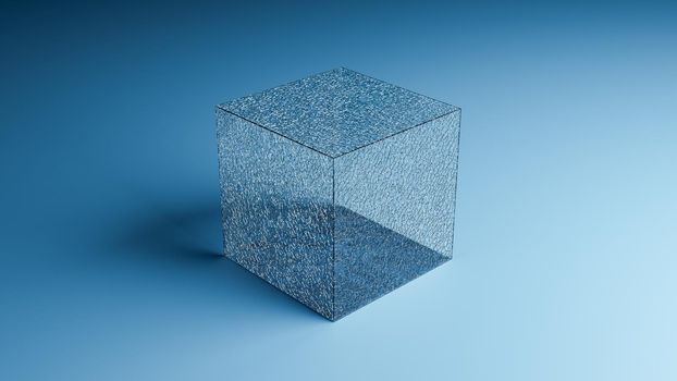 3D illustration of a cracked glass cube exploding in many small pieces