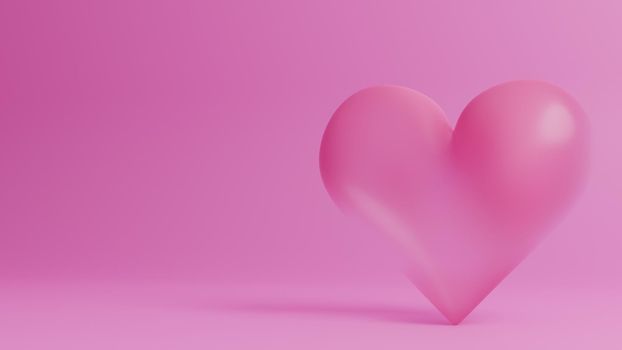 Valentine's Day 3d illustration - rendering. Single pink heart isolated on pink background. Layout with negative space for copy