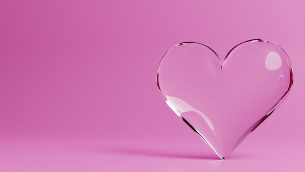 Valentine's Day 3d illustration - rendering. SIngle transparent heart made of glass isolated on pink background. Layout with negative space for copy