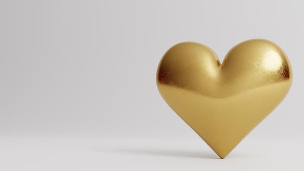 Valentine's Day 3d illustration - rendering. Single golden heart isolated on white background. Layout with negative space for copy