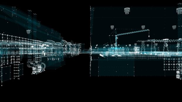 Industrial technology concept. Industry 4.0. Digital factory - buildings and cranes made of particles and transparent elements. 3d illustration