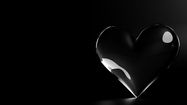 Valentine's Day 3d illustration - rendering. SIngle transparent heart made of glass isolated on black background. Layout with negative space for copy