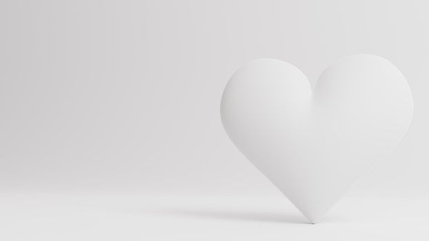 Valentine's Day 3d illustration - rendering. Single white heart isolated on white background. Layout with negative space for copy