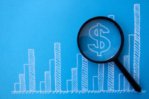 Business graph with dollar icon and lens blue background. Finding financial investment concept