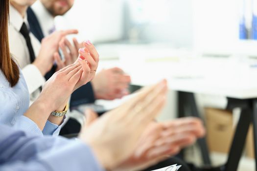 Close-up of people clapping hands on business meeting, end of boss speech, express support to speaker. Biz conference, meeting, career, success concept