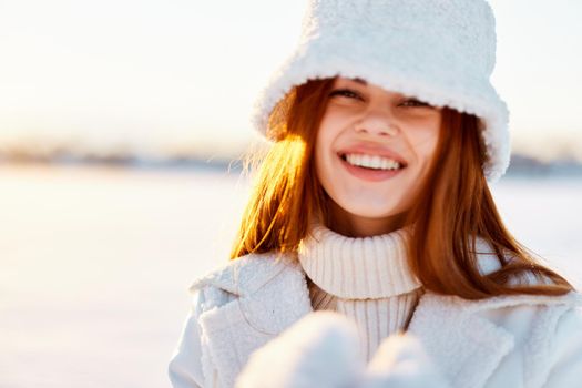 young woman winter clothes walk snow cold vacation nature. High quality photo