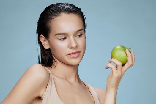 portrait woman in hands posing fruit healthy food fresh isolated background. High quality photo