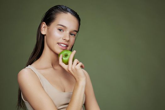 portrait woman happy smile green apple health isolated background. High quality photo