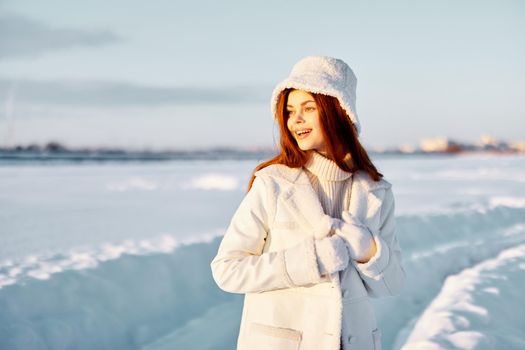 woman smile Winter mood walk white coat Lifestyle. High quality photo