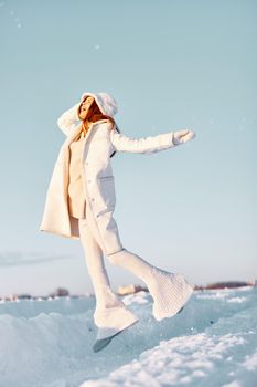woman winter weather snow posing nature rest Lifestyle. High quality photo