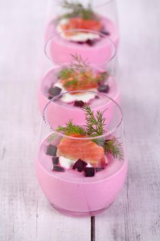 Salmon with beetroot mousse with the most delicate, soft texture combined with horseradish and cream cheese is a wonderful combination of taste. A delicious holiday appetizer.
