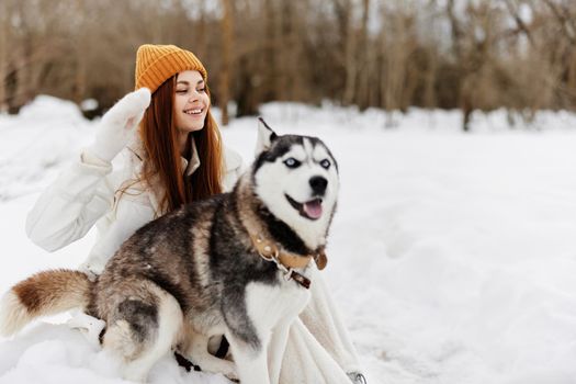 young woman outdoors in a field in winter walking with a dog winter holidays. High quality photo