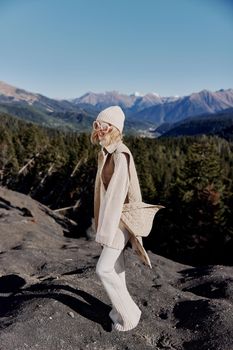 woman nature autumn style travel to the mountains lifestyle. High quality photo