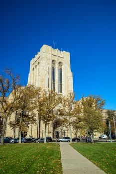 Yale university buildings in autumn with blue sky in New Haven, CT USA