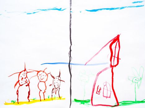 child's drawing house and animals and flower