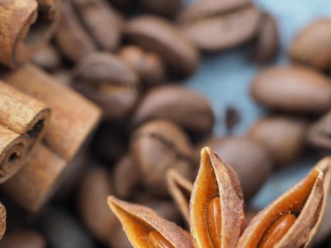 coffee cinnamon and star anise on gray background close up