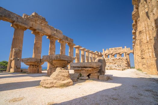 Ruins of a Greek temple in the archaeological park of Selinunte in Sicily in Italy.