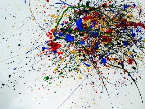 an abstraction with splashes of black and red and green and yellow and blue paint on a white background