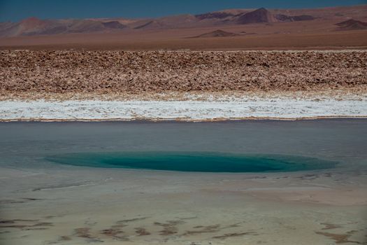 Deep bright turquoise Baltinache Hidden lagoons salt pond in Atacama, Chile