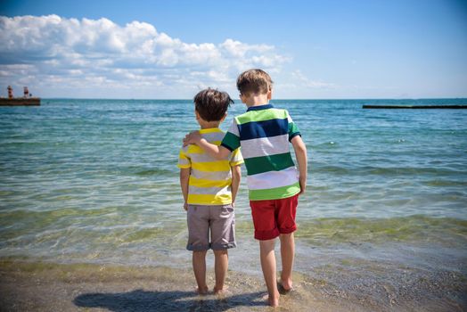Two adorable little kid boys standing on lonely ocean beach. Child playing and looking on horizon. View from back. Preschool children sibling brother best friends enjoying summer vacations on sea.