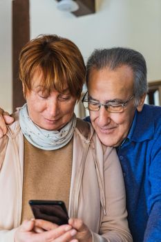 Old couple looking smartphone stund up in living room with natural light. She have the mobile and he wear blue sweater and glasses. Vertical shot of grandparents with casual clothes relaxing with phone in home