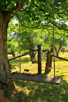 Homemade Rustic Wooden Swing Underneath Maple Tree on Farm in Summer creates an idyllic small town summer atmosphere. High quality photo