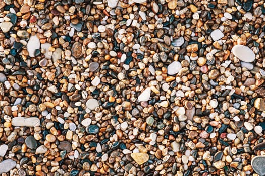 Pebbles beach stones background. Colorsful natural. Horizontal orientation. flat lay.