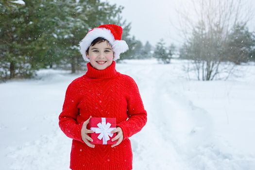 Happy teenager in a red sweater and a red santa claus hat stands in the winter in the park, near pine trees in the snow, hold a red gift box. Copy space