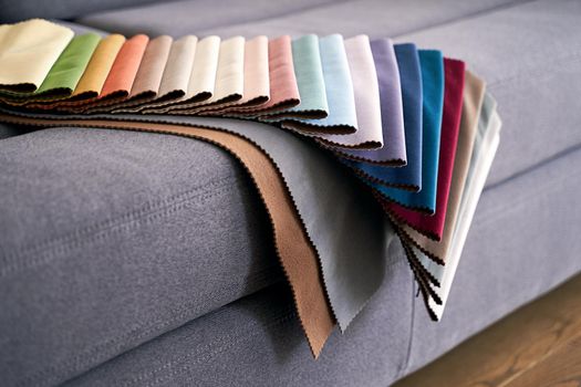 Colorful upholstery fabric samples in different colors