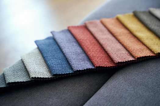 Colorful upholstery fabric samples in different colors