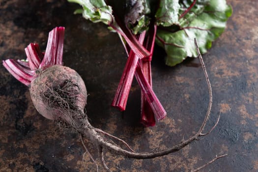 ugly food. Beets and beet leaves on a rusty beautiful metal surface. close-up. horizontal orientation. flat lay. top view.