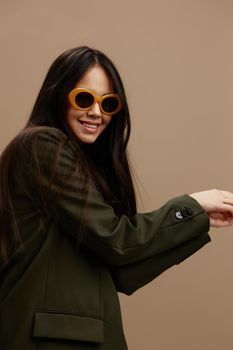 beautiful woman jacket sunglasses elegant style fashion isolated background. High quality photo
