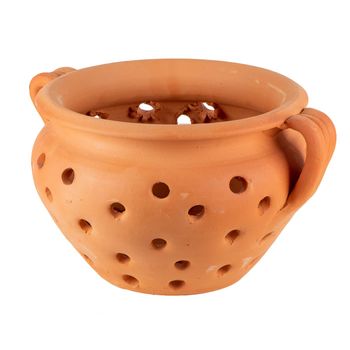 Traditional portuguese ceramic pot with holes for baking chestnuts isolated on white background