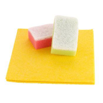 Cleaning equipment, sponges and cloth on a white background.