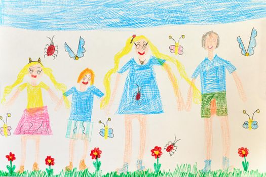 Drawing of a child with a happy family on a walk in summer