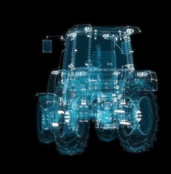 Farm Tractor consisting of glow points and lines. 3d illustration. Transportation and techology concept