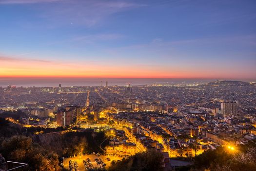 Beautiful sunrise view of Barcelona and the Mediterranean Sea