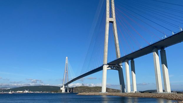 Panorama of the seascape with a view of the Russian bridge. Vladivostok