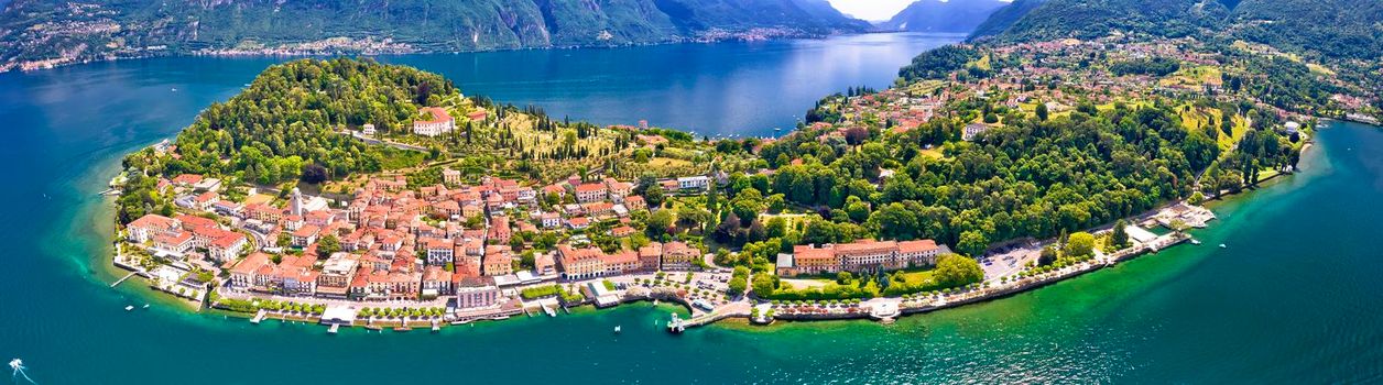 Belaggio. Town of Belaggio on Como Lake idyllic landscape aerial panoramic view, Lombardy region of Italy