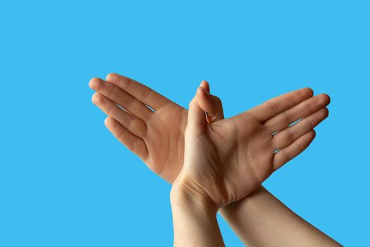 Silhouette of a hand gesture similar to a bird flying on a blue background.