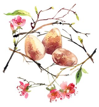 Watercolor illustrations of bird's nest woven from branches - eggs, branches with leaves. Happy easter greeting card design.