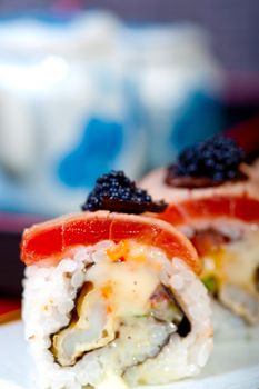 macro closeup of fresh sushi choice combination assortment selection 