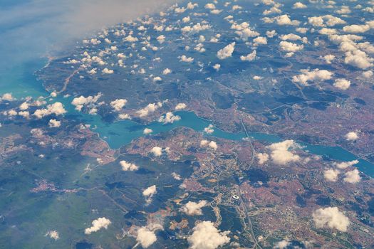 Aerial top view of the Bosporus strait and Istanbul city in Turkey.