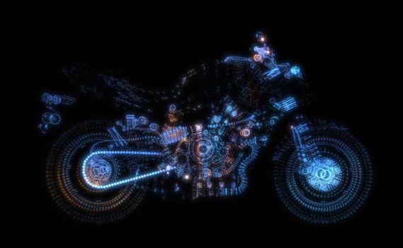 Abstract motorcycle consisting of glow points and lines. 3d illustration. Sport, transportation and techology concept