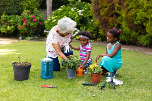 African american grandmother gardening with granddaughters kneeling by plants in backyard. family, love and togetherness concept, unaltered.